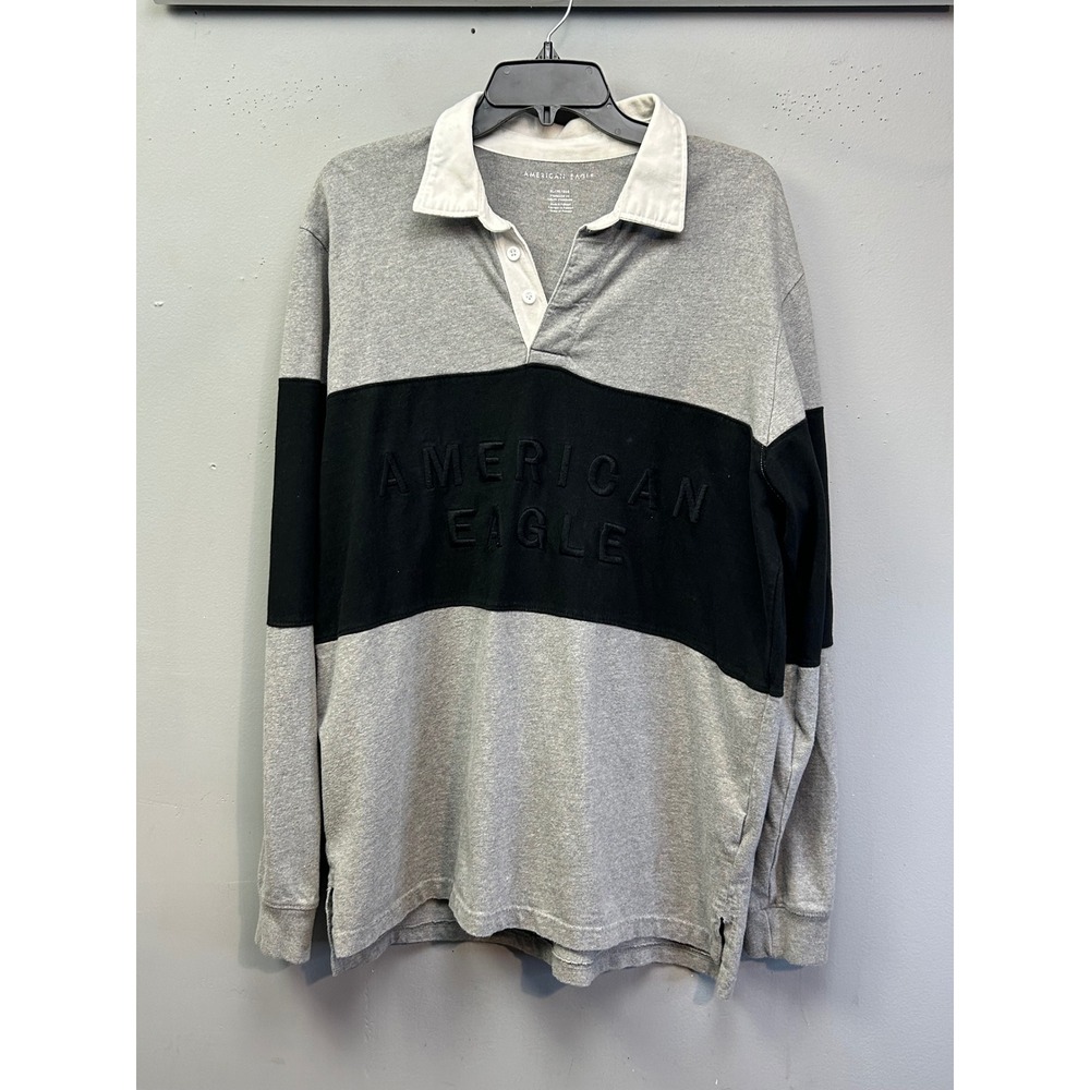 American‎ Eagle Rugby Shirt Mens XL Grey Black White Colorblock Embossed Logo